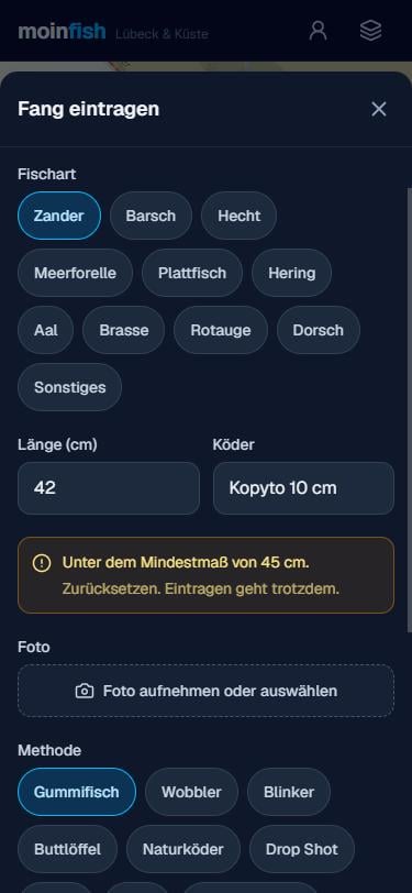 Fang eintragen: Zander, 42 Zentimeter, mit dem Hinweis, dass er unter dem Mindestmaß von 45 Zentimetern liegt.