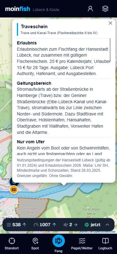 Geöffnete Regeln des Travescheins: Erlaubnis, Preise, Geltungsbereich von Hamberge bis zur Molenlinie.