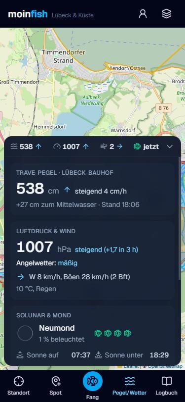 Infoleiste mit Trave-Pegel 538 cm steigend, Luftdruck 1007 hPa, Wind aus West und der Mondphase.